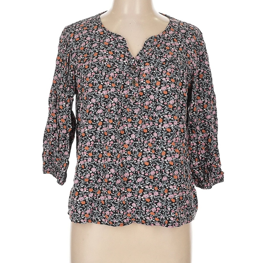Knox Rose Black and Pink Floral Peasant Top Blouse